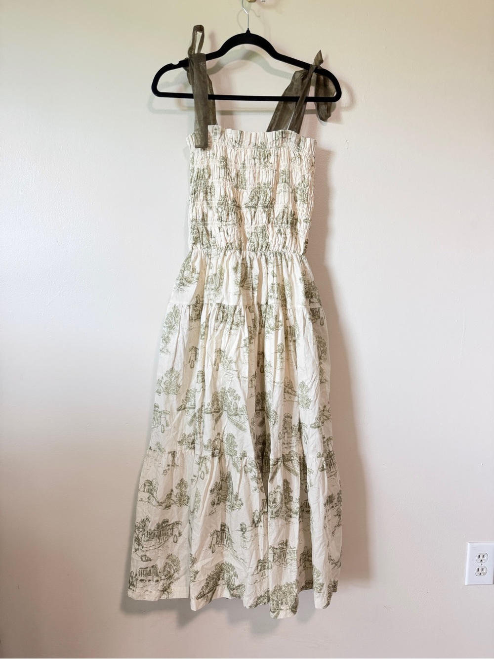 En Saison Cream Green French Toile Smocked Tiered tulle tie strap Midi Dress - S - Picture 2 of 6